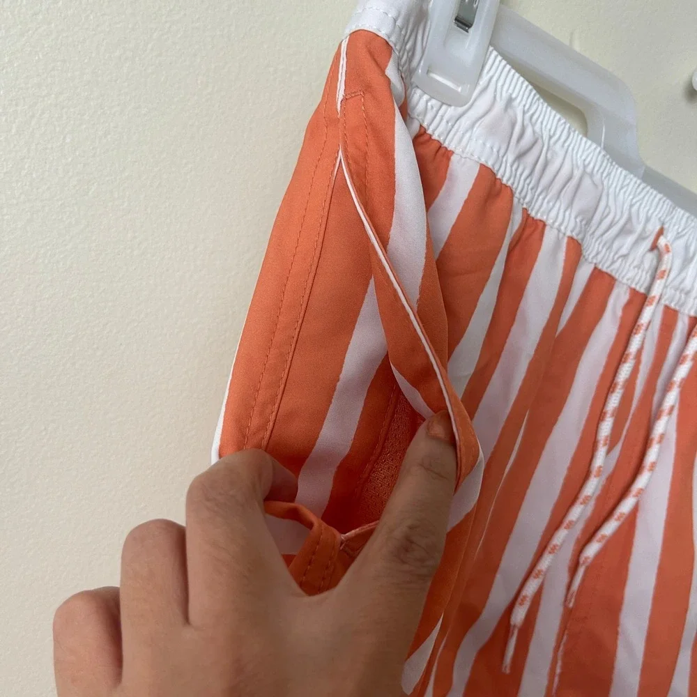 Goodfellow & Co Mens Orange White Striped Swim Trunks Mesh Lining Board Shorts M